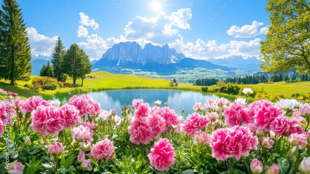 Idyllic alpine scenery with vibrant pink peonies blooming by a tranquil pond, majestic mountains under a sunny sky.