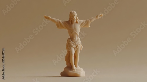 Beige Jesus Christ statue, arms outstretched, minimalist background. photo