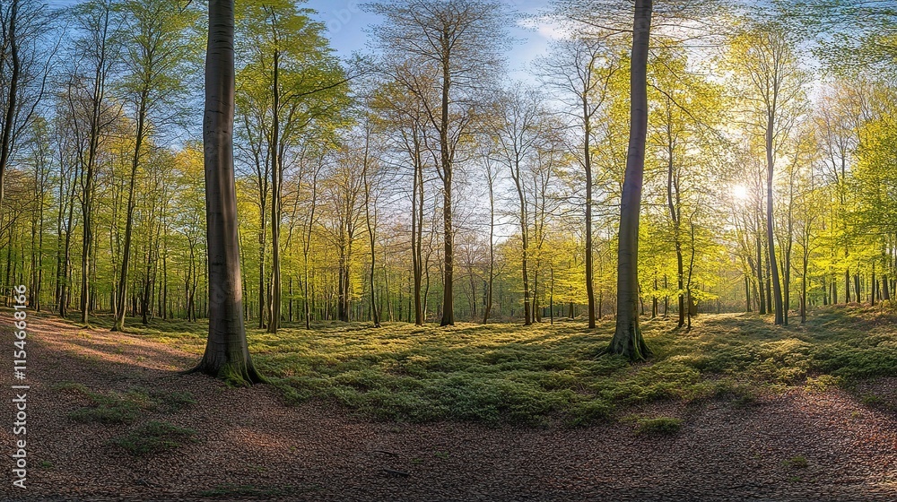 Obraz premium Enchanting Sunshine Illuminating Green Treetops in Forest Scene