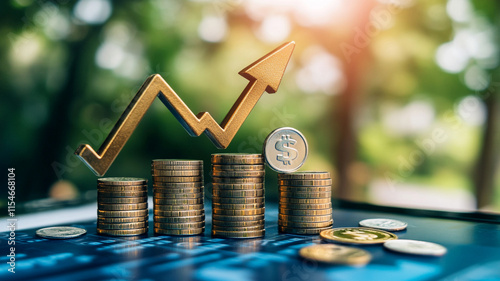 Growth in investments with rising profits and coins in the natural light. 