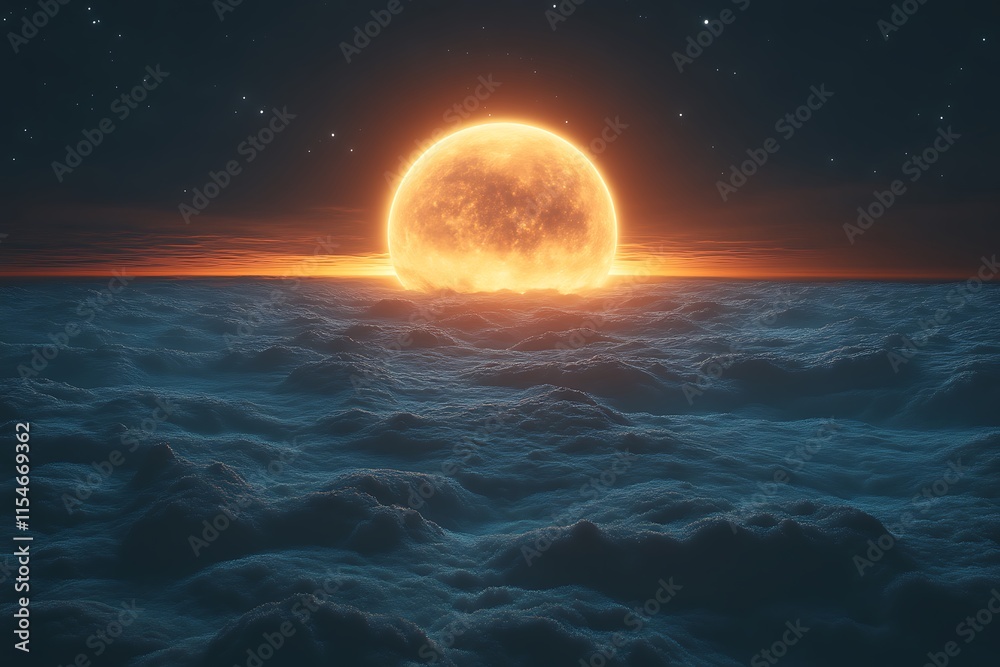 Fototapeta premium Fiery orange moon setting over a sea of clouds.