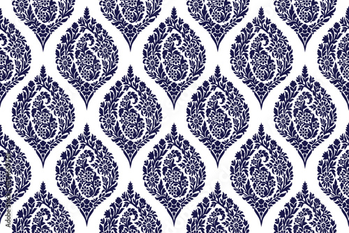 seamless damask pattern bold dark blue colored floral arabesque for wallpaper, curtain, cloth, blanket, tile and fabric design isolated with colored background. photo