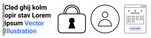 Lock symbol represents security. User profile icon signifies individual account. Calendar with subscribe button implies a subscription plan. Ideal for cybersecurity, personal accounts, software