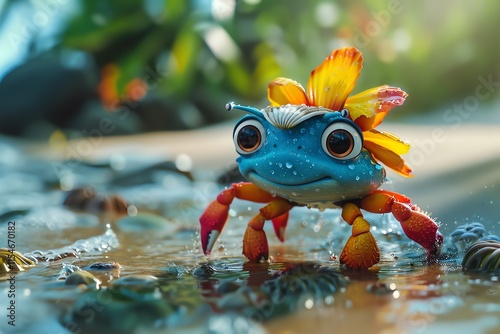 Cute cartoon crab with flower on head near ocean.