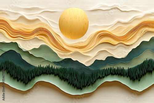 Abstract Paper Art Landscape With Golden Sun