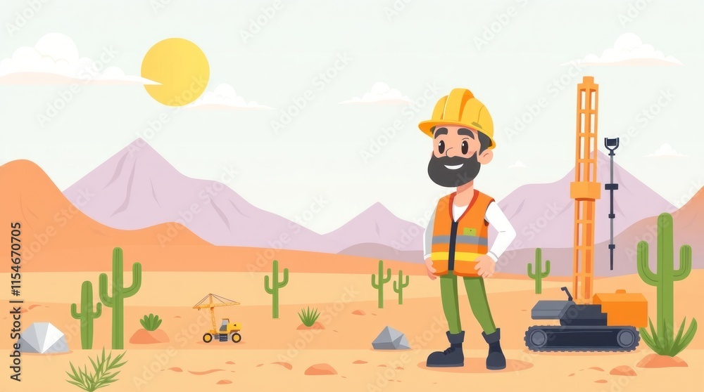 Obraz premium A cheerful construction worker stands in a desert landscape with machinery and cacti.