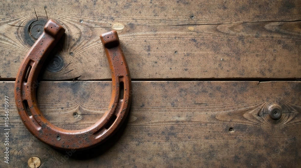 Rustic horseshoe on weathered wood plank background, evoking feelings of luck, tradition, and rural charm Rustic horseshoe on weathered wood plank background, evoking feelings of luck, tradition, and rural charm