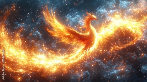 Fiery phoenix soaring through cosmic clouds.