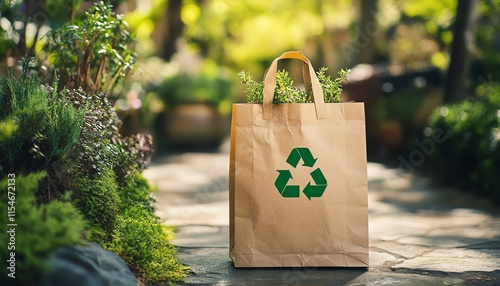 Sustainable brown paper bag with green recycling logo, 100 recyclable and reusable, promoting ecoconscious practices and environmental safety photo