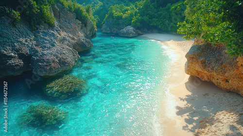 Fototapeta Naklejka Na Ścianę i Meble -  A tranquil beach with soft white sand and crystal-clear water, perfect for relaxation,
