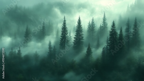 Misty forest landscape with tall evergreen trees.