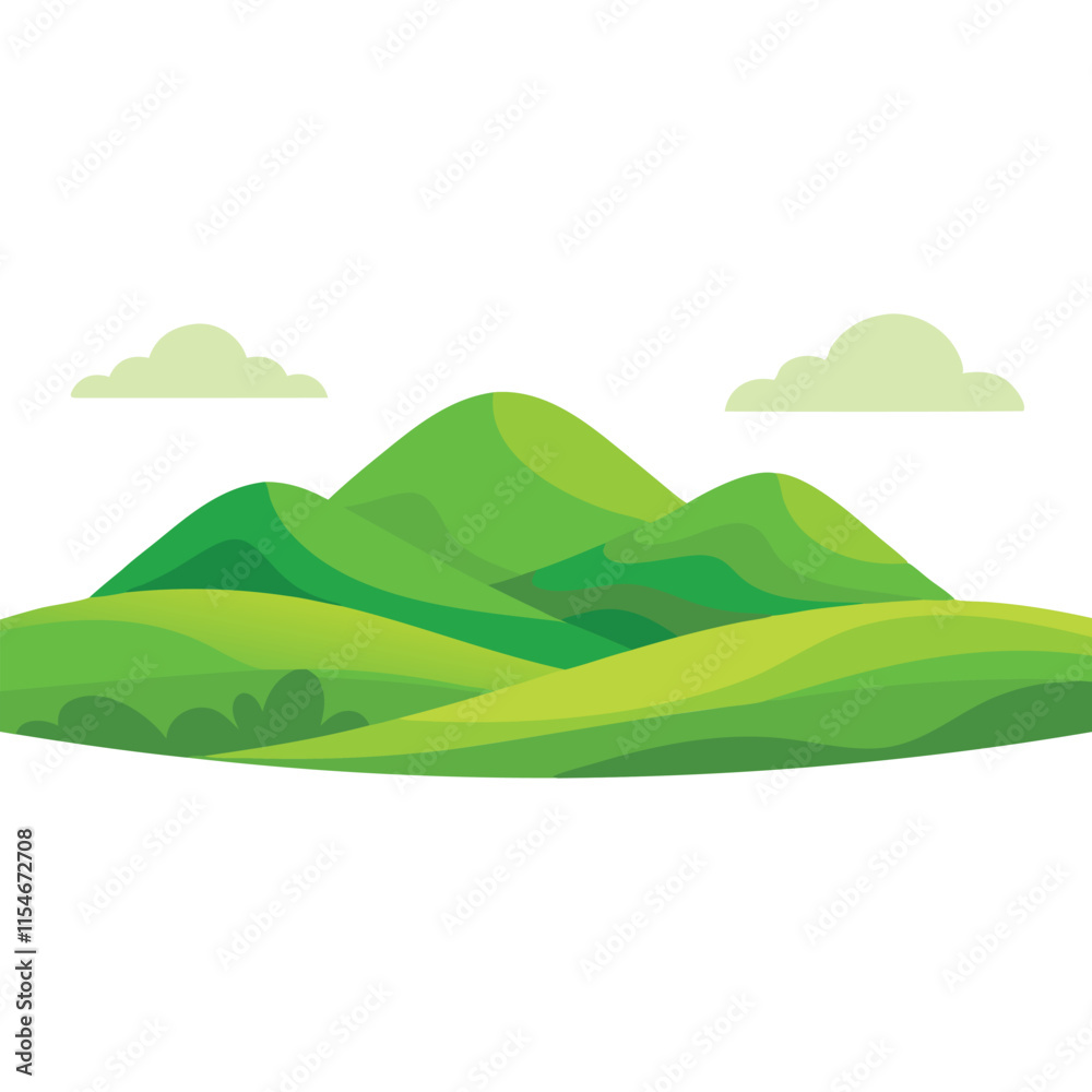 Fototapeta premium Green hills lanscape isolated flat vector illustration on white background.