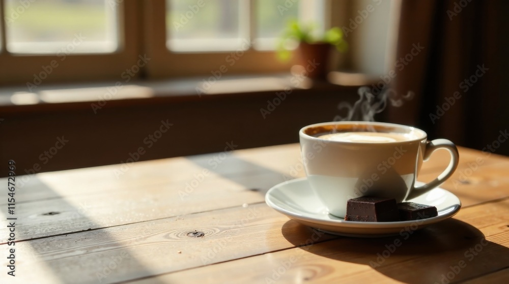 Warm Latte and Sweet Treats Enjoyed by a Window in Sunny Light Warm Latte and Sweet Treats Enjoyed by a Window in Sunny Light