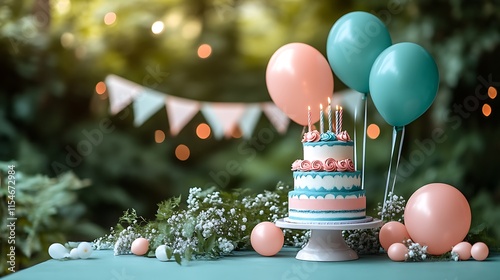 Two-tiered birthday cake with pastel balloons and flowers.