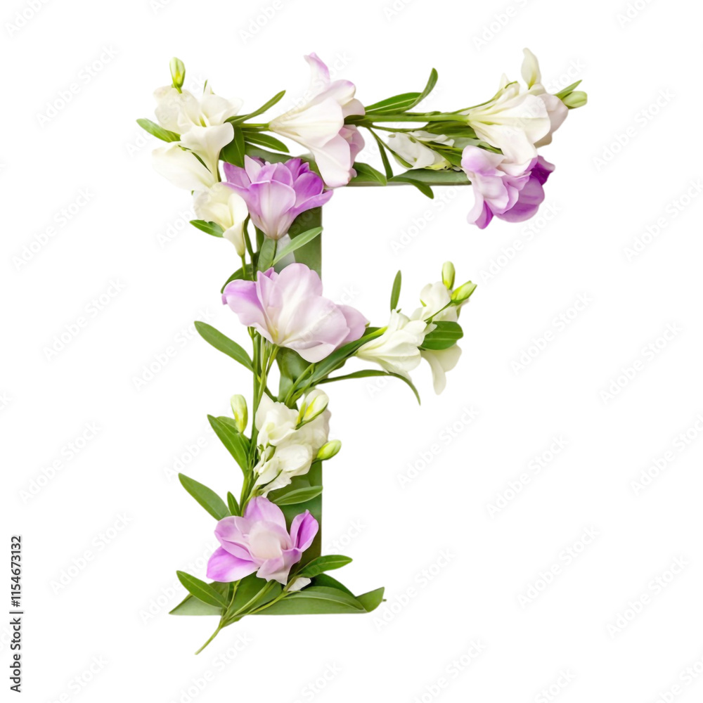 Fototapeta premium A Fragrant Letter 'F' Crafted from Delicate Pastel Flowers Isolated on Transparent Background