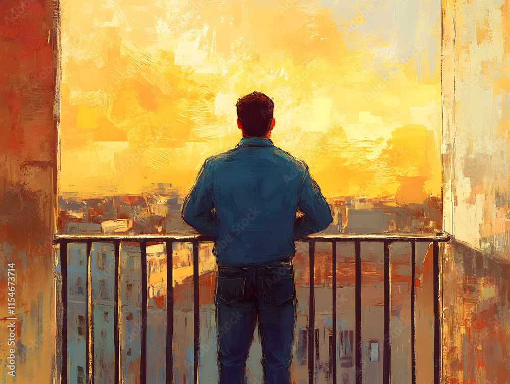 Man on Balcony at Sunset Overlooking Cityscape Man on Balcony at Sunset Overlooking Cityscape