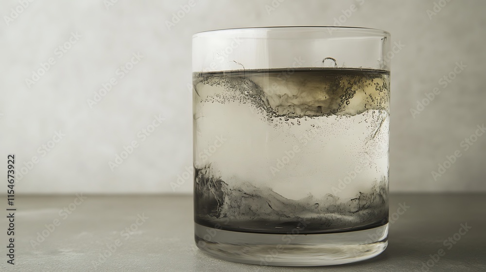 2. A clear glass with murky gray water inside, showcasing the color contrast against a neutral background 2. A clear glass with murky gray water inside, showcasing the color contrast against a neutral background