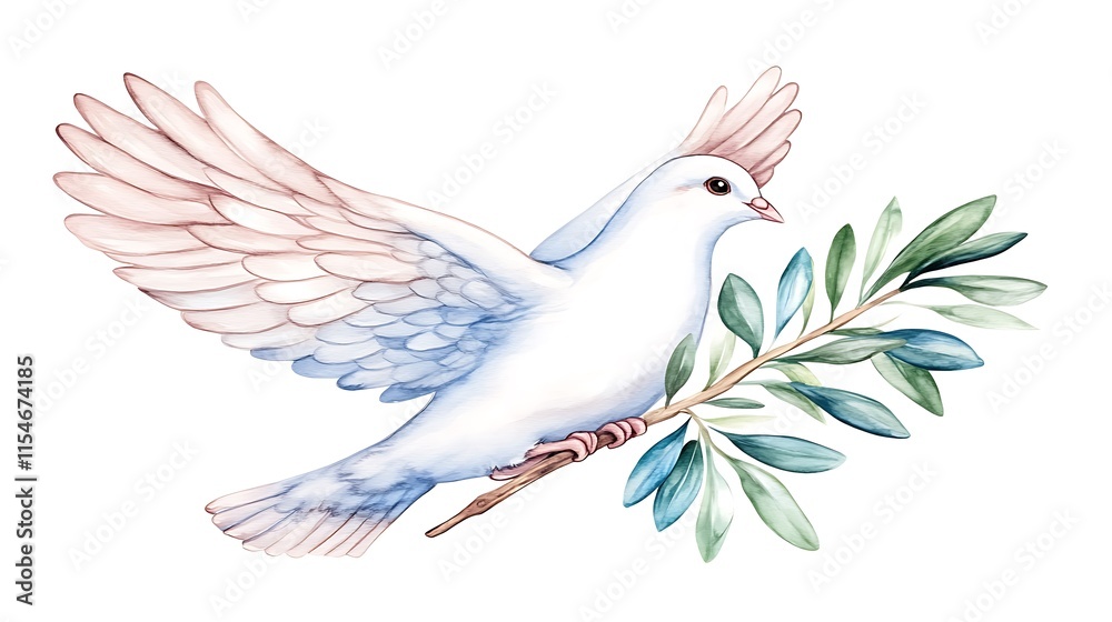 Obraz premium Watercolor painting of a white dove carrying an olive branch.