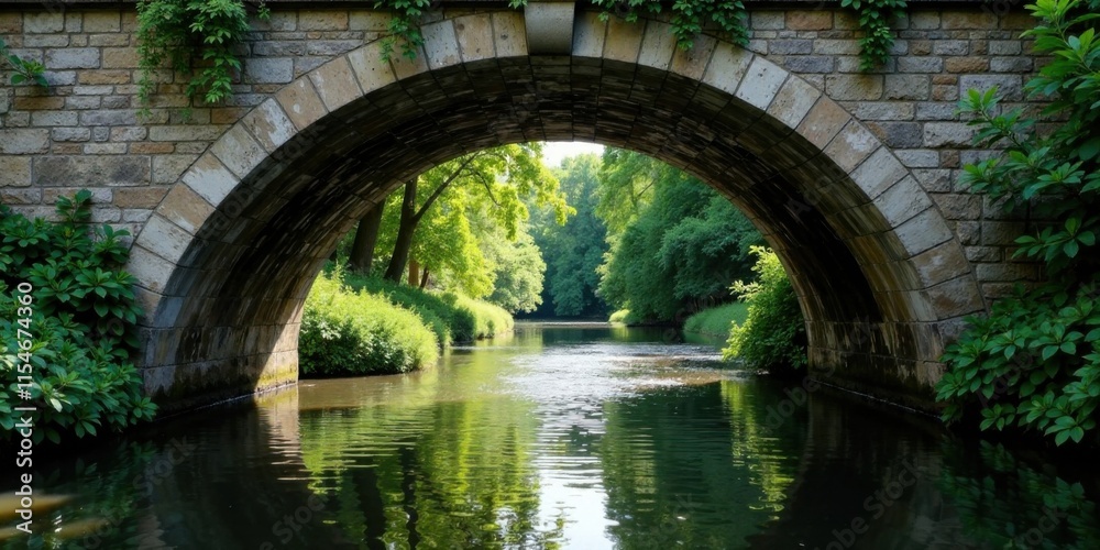 Stone arch bridge over tranquil waterway, lush green foliage framing the idyllic scene, sunlight dappling the water's surface, creating a serene and peaceful ambiance. Stone arch bridge over tranquil waterway, lush green foliage framing the idyllic scene, sunlight dappling the water's surface, creating a serene and peaceful ambiance.