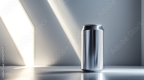 25. A silver can with an immaculate metallic shine, surrounded by soft white lighting to highlight its design photo