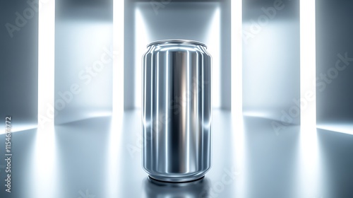 25. A silver can with an immaculate metallic shine, surrounded by soft white lighting to highlight its design