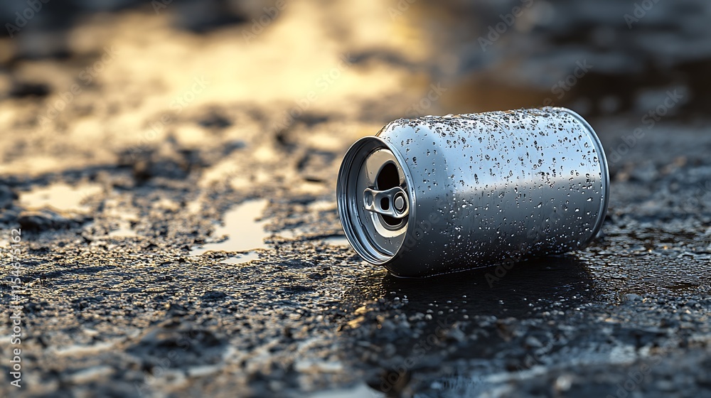16. A silver beverage can lying on its side with a slight tilt, surrounded by a few droplets of water 16. A silver beverage can lying on its side with a slight tilt, surrounded by a few droplets of water