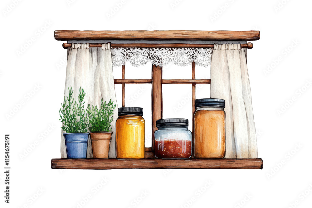 Watercolor Kitchen Window with Jars and Plants Watercolor Kitchen Window with Jars and Plants