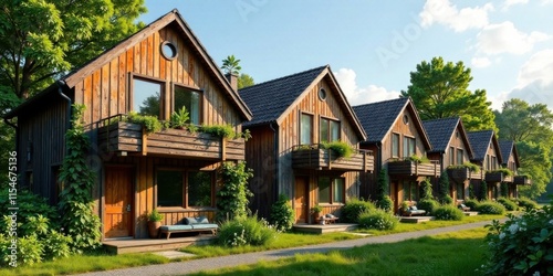 Row of charming rustic wooden houses with private balconies and lush green landscaping on a sunny day