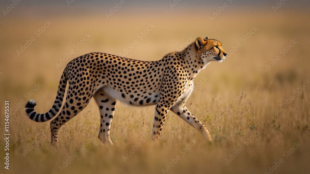 A cheetah walking gracefully in profile across a golden savanna of dried grass, its sleek body and distinctive spots highlighted by warm sunlight. A cheetah walking gracefully in profile across a golden savanna of dried grass, its sleek body and distinctive spots highlighted by warm sunlight.