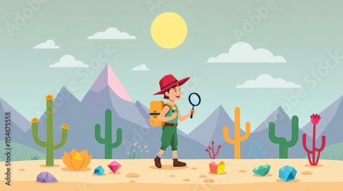 A cheerful explorer walks through a colorful desert landscape, searching for gems.