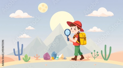 A young explorer with a magnifying glass walks through a desert landscape, discovering gems.