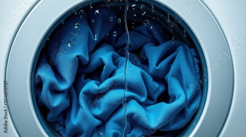 A close-up view of a washing machine drum filled with wet, crumpled blue fabric.