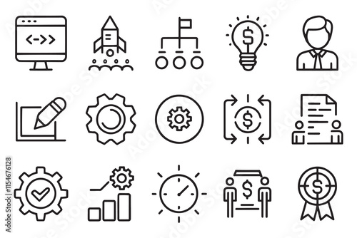 Project, startup, management, business related editable stroke outline icons set isolated flat vector illustration on white background