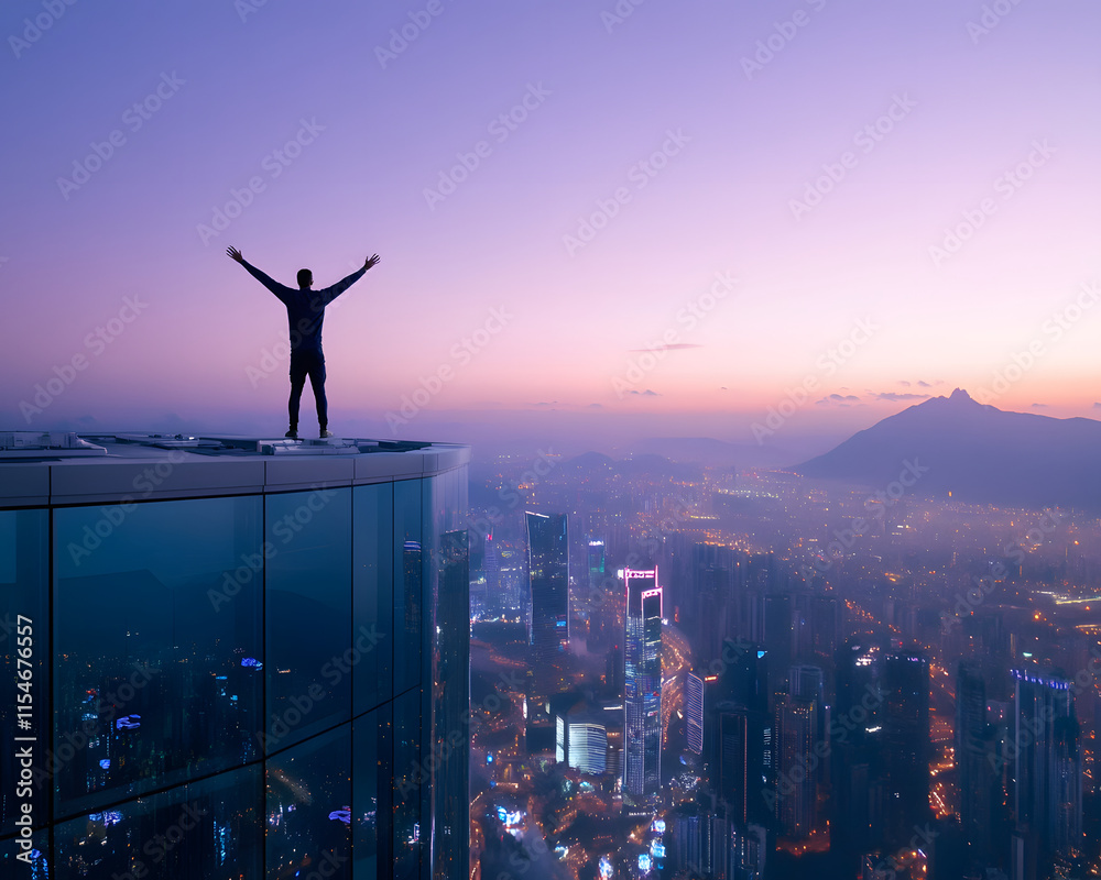 Man on Skyscraper Rooftop Overlooking City at Dawn Man on Skyscraper Rooftop Overlooking City at Dawn