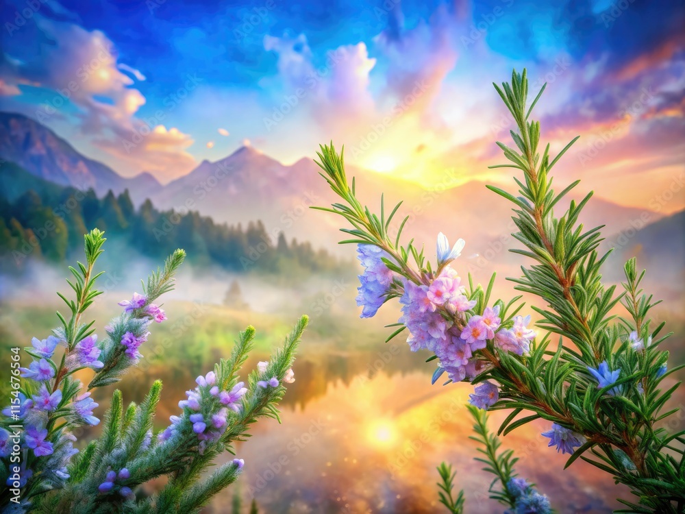 Dreamlike rosemary watercolor blooms overlaid with surreal photographic elements create a botanical masterpiece.