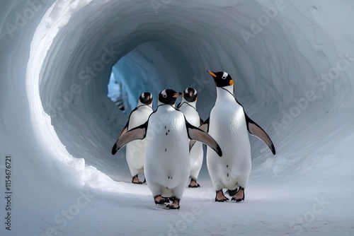 Group of penguins are walking in a snow tunnel