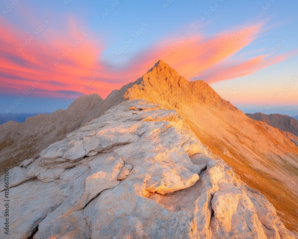 Obraz premium Vibrant Sunset Over Rocky Mountain Range with Dramatic Colors