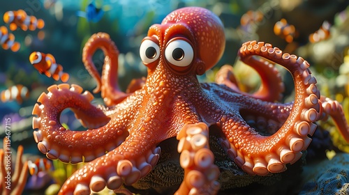 Cute cartoon octopus in ocean.