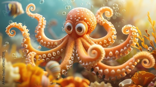 Cute cartoon octopus in vibrant coral reef. (1)