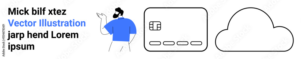 Man gesturing, credit card icon, cloud outline. Ideal for online banking, cybersecurity, cloud storage, tech tutorials, mobile payments digital transactions user guides. Landing page Man gesturing, credit card icon, cloud outline. Ideal for online banking, cybersecurity, cloud storage, tech tutorials, mobile payments digital transactions user guides. Landing page