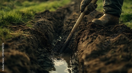 23. A close-up of a person using a shovel to break up the soil and dig a trench for a waterway in a green field photo