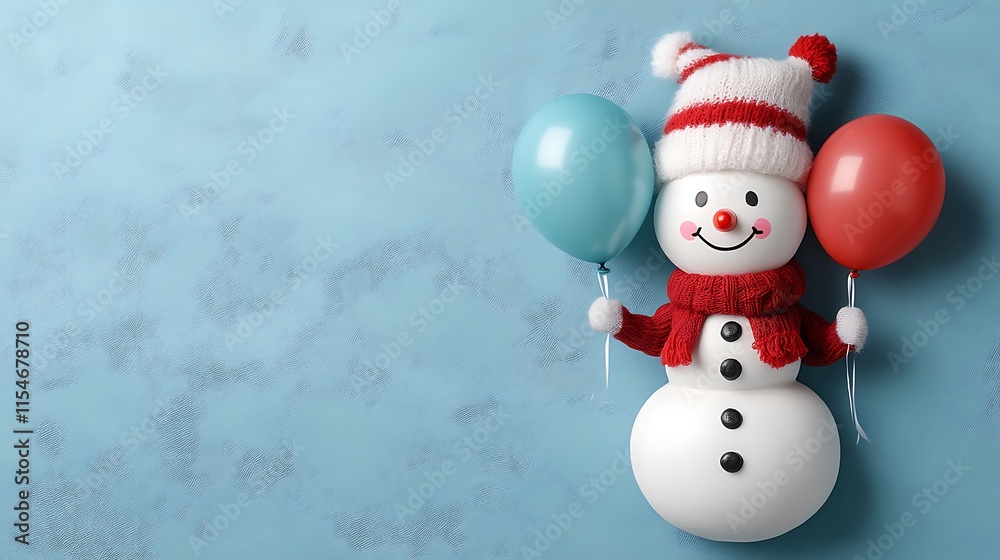 Fototapeta premium Festive Snowman Holding Balloons Against Blue Background