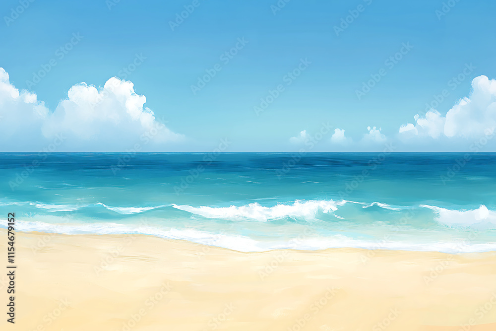 Relaxing Beach Scene with Golden Sand and Clear Waters Against Peaceful Sky Relaxing Beach Scene with Golden Sand and Clear Waters Against Peaceful Sky