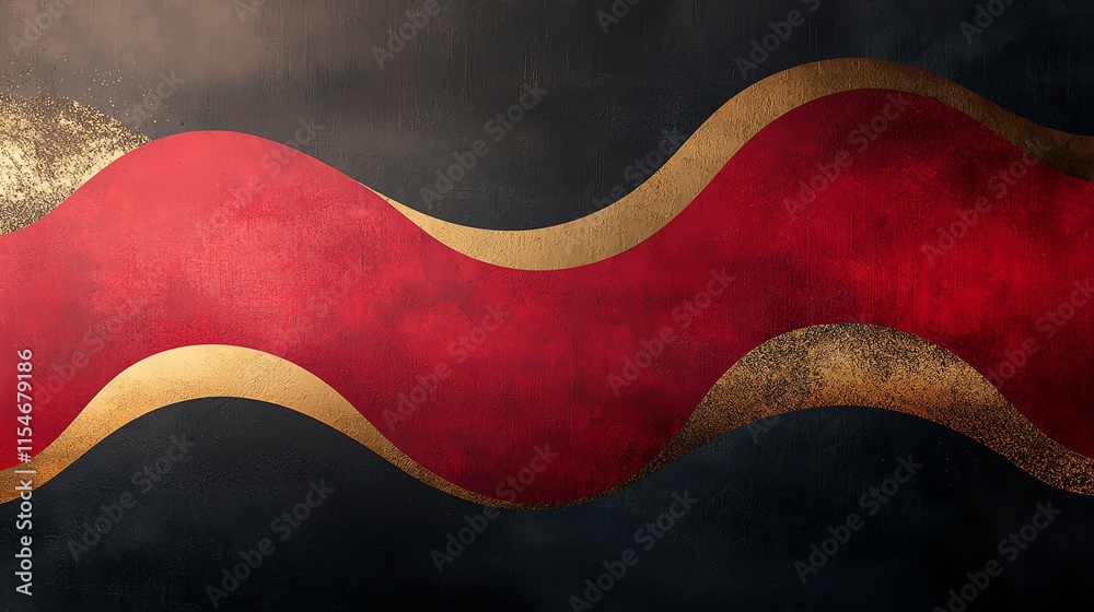 A bold red and black background with geometric gold highlights and soft flowing cloud patterns