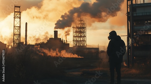 3. A person wearing a gas mask standing near an industrial area with visible toxic fumes in the air