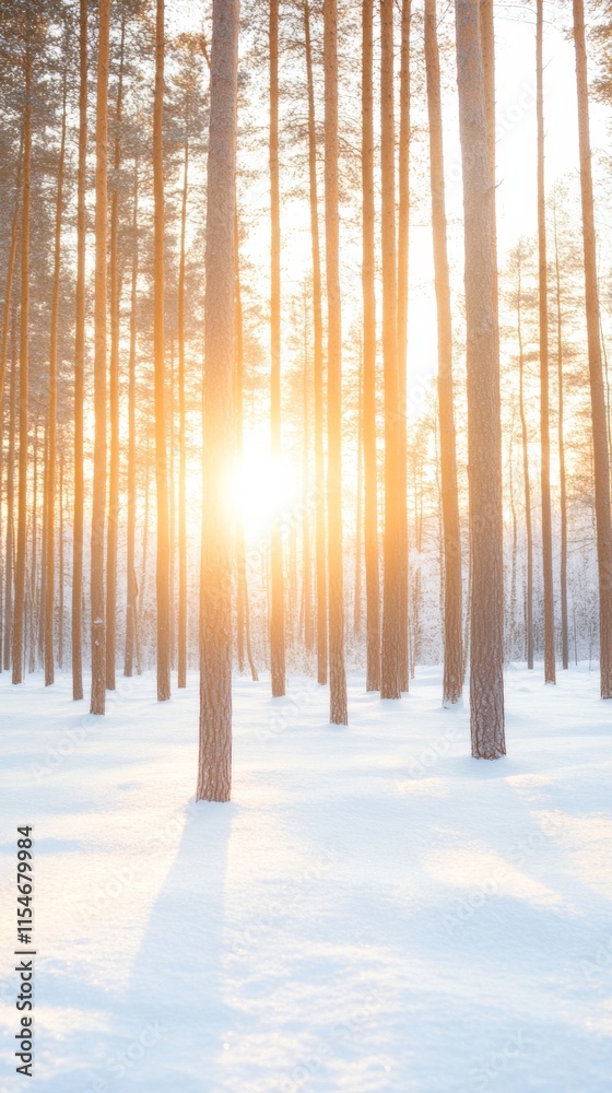 Obraz premium Winter Sunrise in Snowy Forest Minimalist Nature and Tranquility