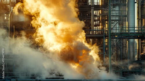 19. A close-up of thick, noxious fumes emerging from a chemical spill, with an industrial background and safety equipment nearby photo