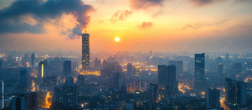 Fototapeta premium Sunrise over Smoggy Cityscape: A Breathtaking Panorama of Urban Dawn