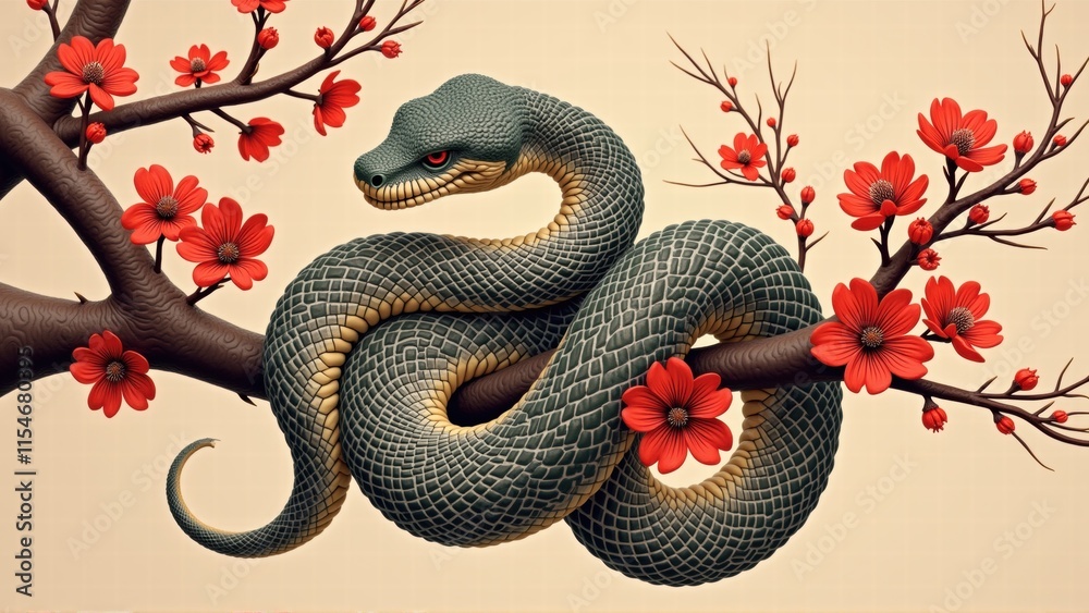 Obraz premium Serpent & Cherry Blossoms: 3D Art - 3D art