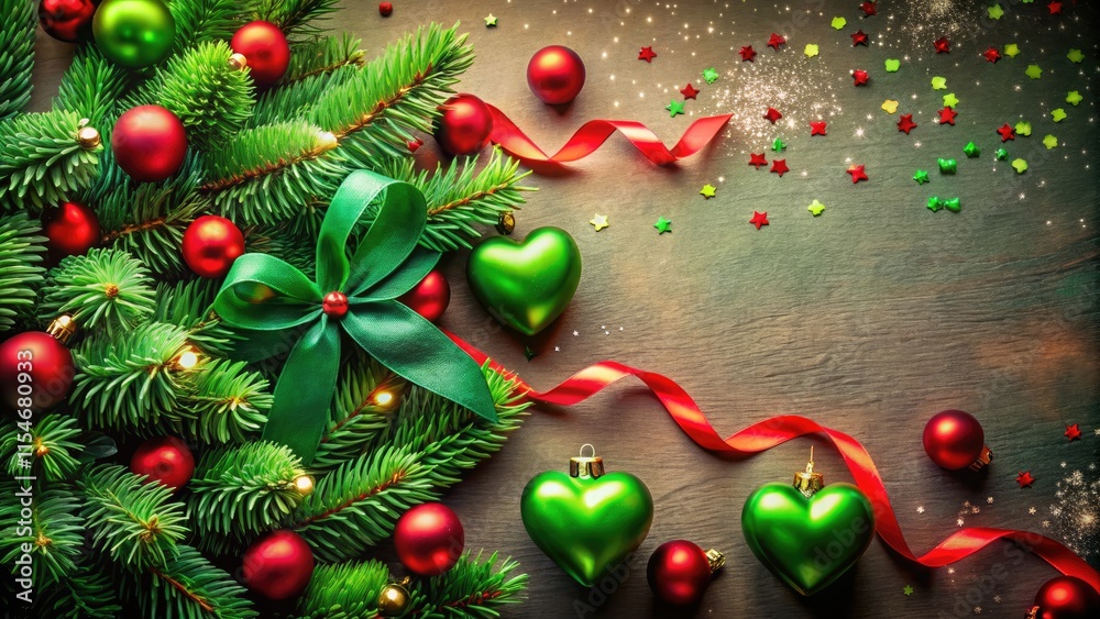 Red ribbon accents a green Christmas card, adorned with hearts, perfect for a winter holiday greeting. Red ribbon accents a green Christmas card, adorned with hearts, perfect for a winter holiday greeting.